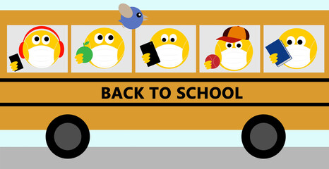 Children emoji wearing face masks on yellow school bus. Back to school text. Children going to school during covid 19 coronavirus