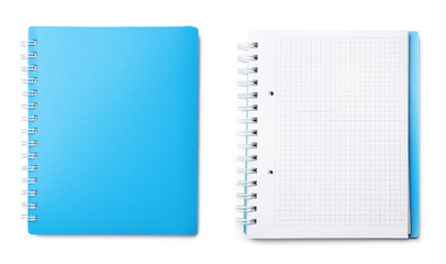 Open and closed notebook on white background, top view