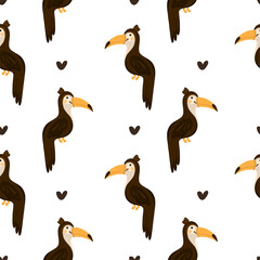 Fototapeta premium Seamless pattern with toucan bird on a light background. A cute toucan looks in different directions. Hand drawn illustration in flat style. Endless background for wallpaper, fabric, baby clothes