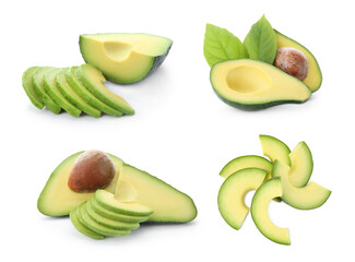 Set of cut avocados on white background
