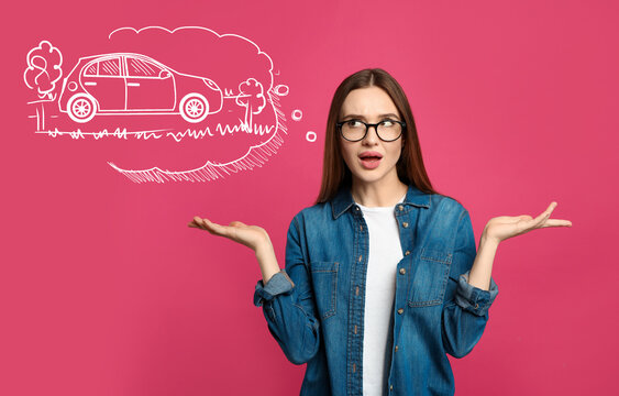 Car buying. Woman dreaming about auto on pink background