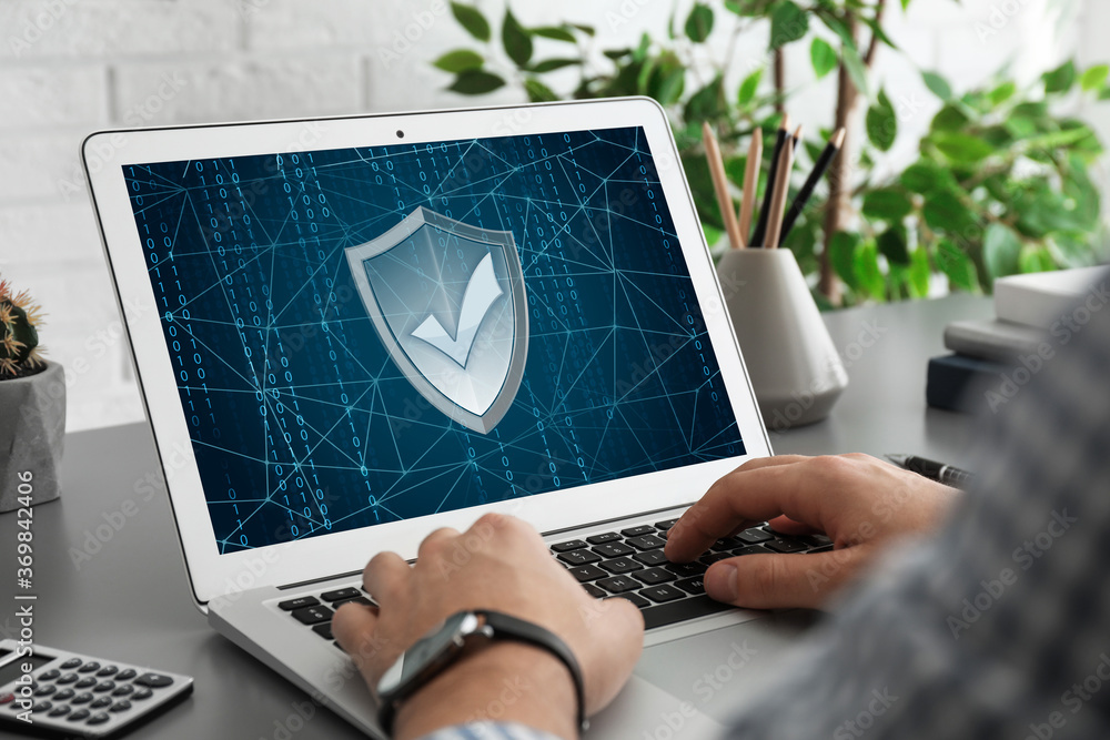 Poster cyber security concept. man using application on laptop, closeup