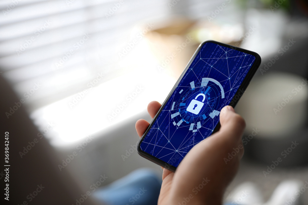 Poster cyber security concept. man using application on phone, closeup