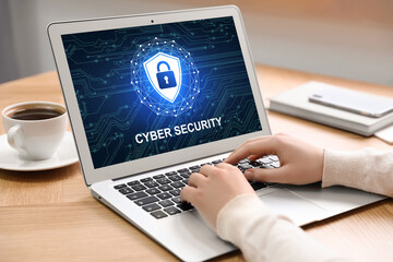 Cyber security concept. Woman using application on laptop, closeup