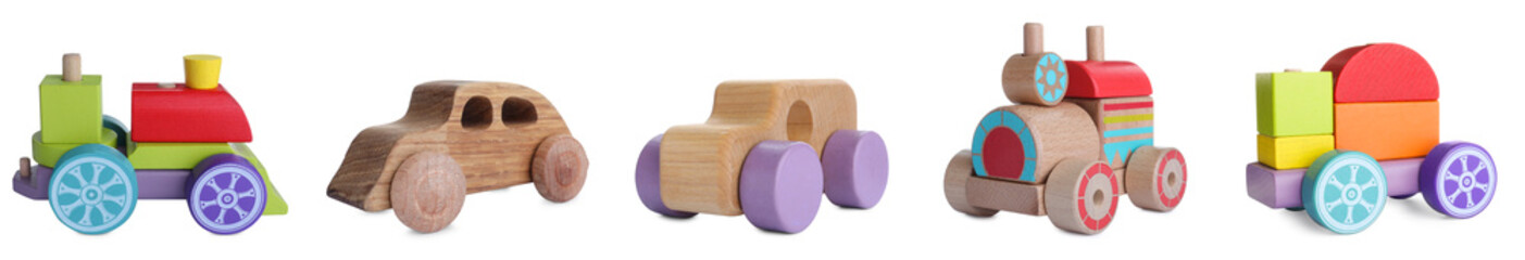 Set of different wooden toys for kids on white background. Banner design