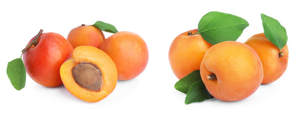 Set of fresh apricots on white background. Banner design