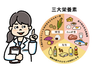三大栄養素の表と管理栄養士のイラスト