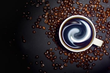 Coffee cup on black background, soft coffee beans