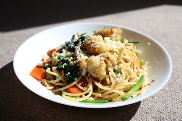 Aglio olio spaghetti with squids