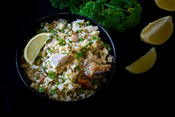 Greek Style Chicken with Cauliflower Rice, lemon and Parsely