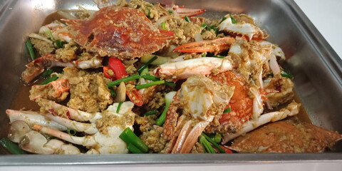 Crab curry powder with spicy scallion, healthy food in silver tray healthy food.