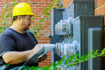 Electrical in yellow helmet technician writing reading of meter on clipboard