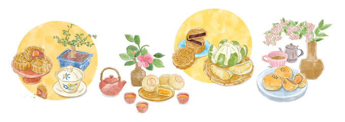 food illustration, Chinese mid autumn festival . ,Mooncake and tea, water color style
