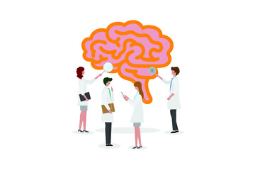 A team of doctors checkup the 
brain. People examine the organ and make a diagnosis. Design for web banner on white background. Healthy 
brain vector illustration concept. 