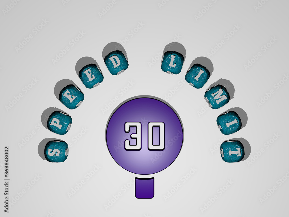 Poster 3d illustration of speed limit graphics and text around the icon made by metallic dice letters for t