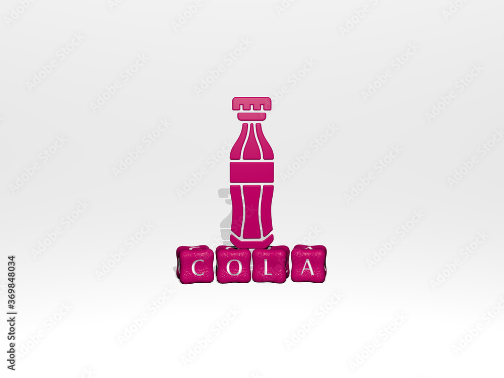 Poster 3d graphical image of cola vertically along with text built by metallic cubic letters from the top p