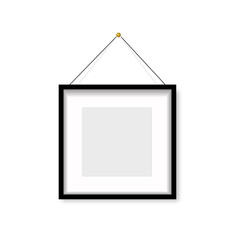 Realistic black photo frame hanging on the wall. Vector