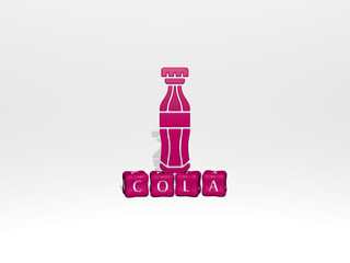 3D graphical image of COLA vertically along with text built by metallic cubic letters from the top perspective, excellent for the concept presentation and slideshows. background and drink