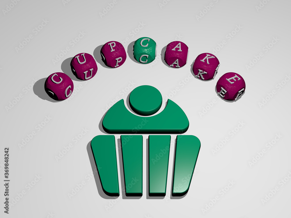 Poster 3d illustration of cupcake graphics and text around the icon made by metallic dice letters for the r
