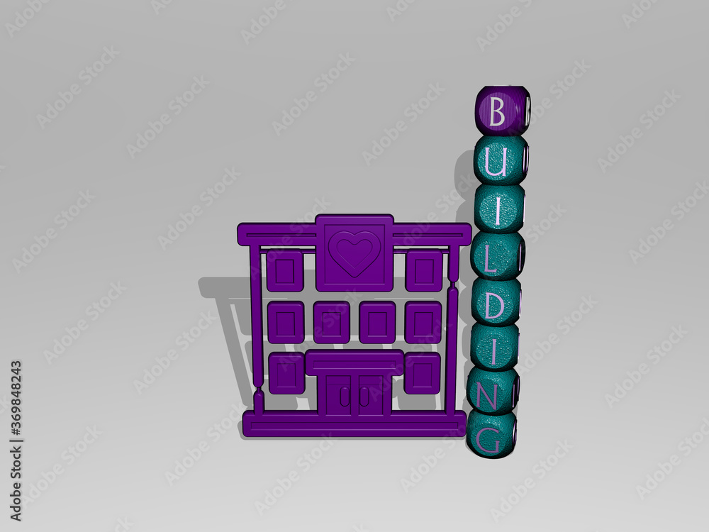 Poster 3d illustration of building graphics and text around the icon made by metallic dice letters for the 