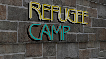3D graphical image of REFUGEE CAMP vertically along with text built by metallic cubic letters from the top perspective, excellent for the concept presentation and slideshows. editorial and children