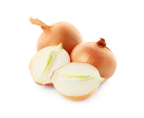 Whole and cut onion bulbs on white background