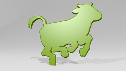 cow from a perspective with the shadow. A thick sculpture made of metallic materials of 3D rendering. animal and illustration