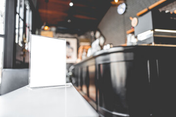 Stand Mock up Menu frame tent card blurred background design key visual layout..