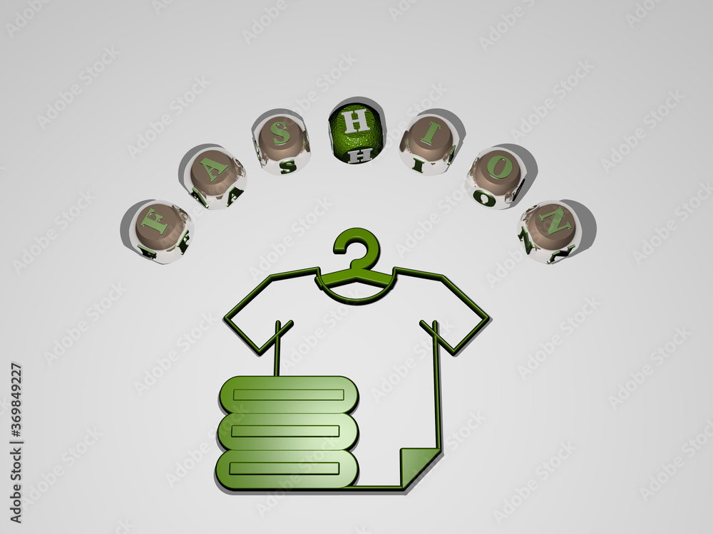 Poster 3d representation of fashion with icon on the wall and text arranged by metallic cubic letters on a 