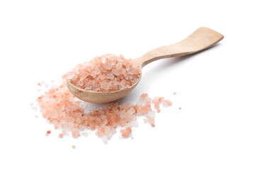 Wooden spoon with pink himalayan salt isolated on white