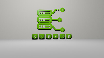 3D graphical image of server vertically along with text built by metallic cubic letters from the top perspective, excellent for the concept presentation and slideshows. data and illustration