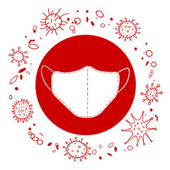 Vector medical mask red icon. Healthcare design. Simple hand drawn illustration. Measures for personal protection against coronavirus, viral bacterial infection molecules