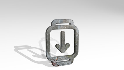 smart watch square download casting shadow from a perspective. A thick sculpture made of metallic materials of 3D rendering. phone and illustration