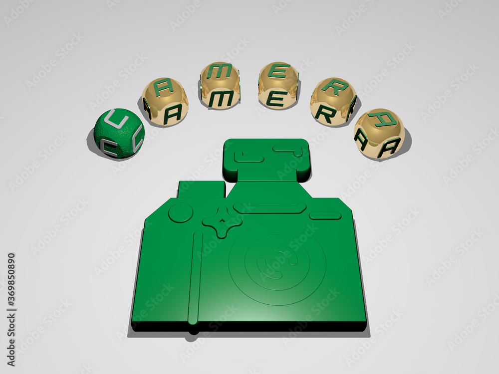 Poster 3d representation of camera with icon on the wall and text arranged by metallic cubic letters on a m