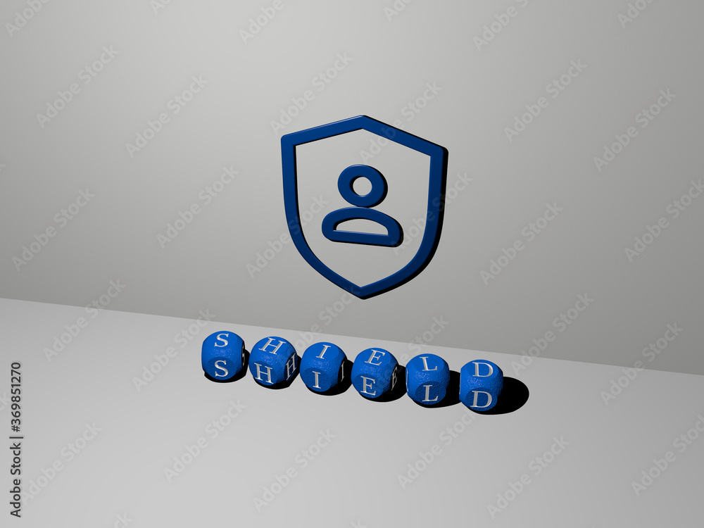 Poster 3d representation of shield with icon on the wall and text arranged by metallic cubic letters on a m