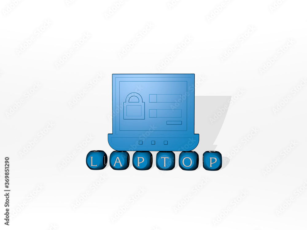 Poster 3d illustration of laptop graphics and text made by metallic dice letters for the related meanings o