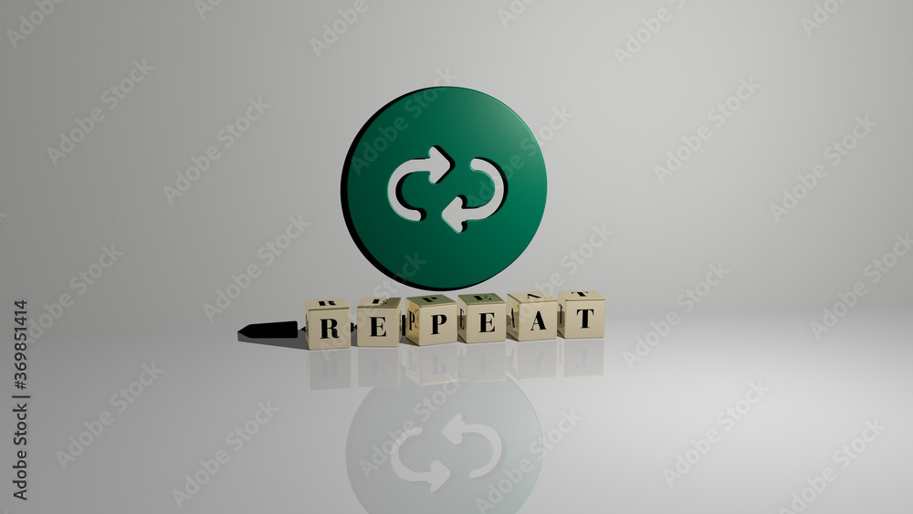 Poster 3d graphical image of repeat vertically along with text built by metallic cubic letters from the top