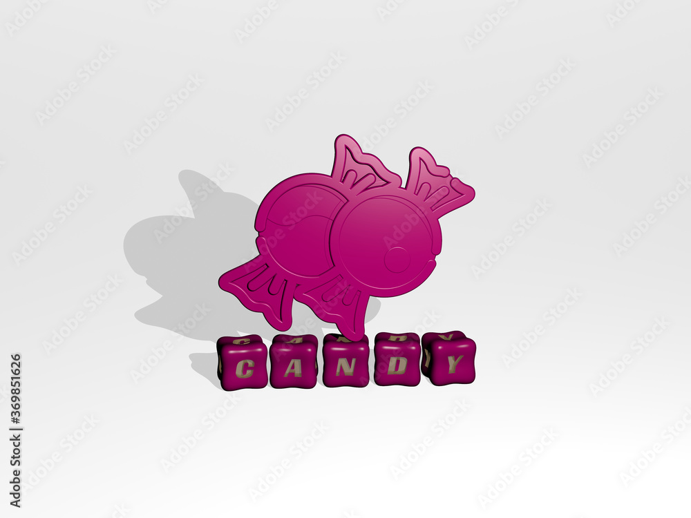 Aufkleber 3d graphical image of candy vertically along with text built by metallic cubic letters from the top 
