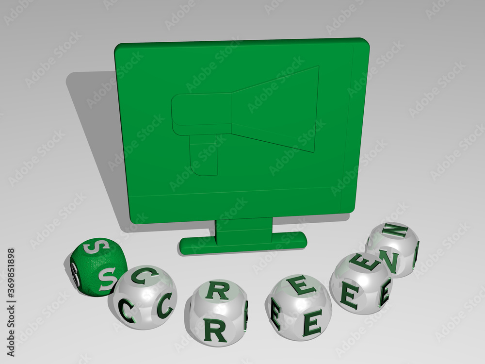 Aufkleber 3d illustration of screen graphics and text around the icon made by metallic dice letters for the re