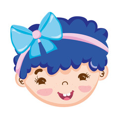 sweet little girl face blue hair with ribbon isolated icon design white background