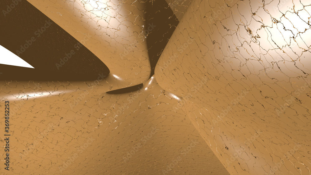 Poster chaotic 3d abstract background of curved geometrical patterns of chocolate color with lighting and s