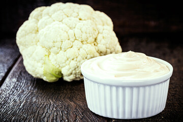 mayonnaise made from cream of cabbage, tasty condiment without animal origin. Vegan food.