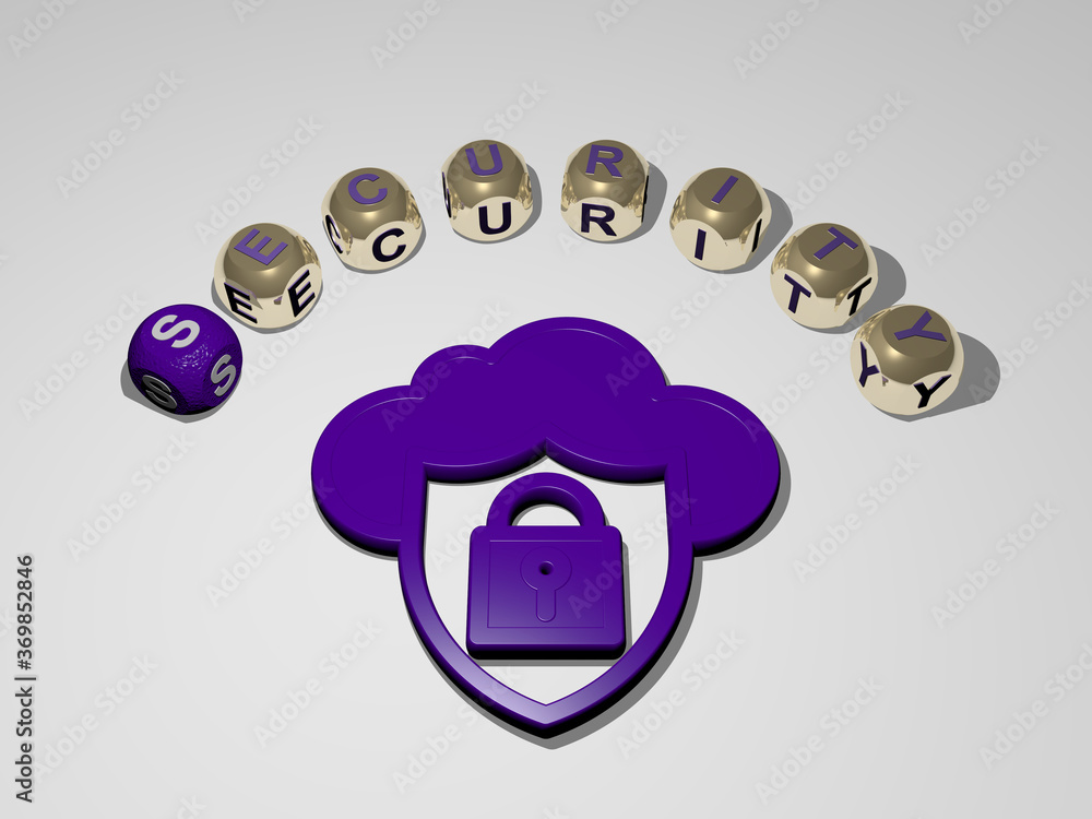 Poster 3d graphical image of security vertically along with text built around the icon by metallic cubic le
