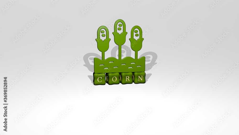 Poster 3D representation of corn with icon on the wall and text arranged by metallic cubic letters on a mirror floor for concept meaning and slideshow presentation. background and agriculture