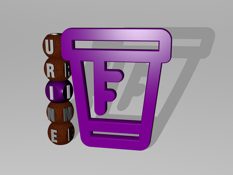 3D graphical image of URINE vertically along with text built around the icon by metallic cubic letters from the top perspective. excellent for the concept presentation and slideshows. analysis and