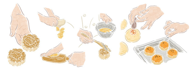 Chinese mid autumn festival , moon cake, yolk pastry, food production process illustration 