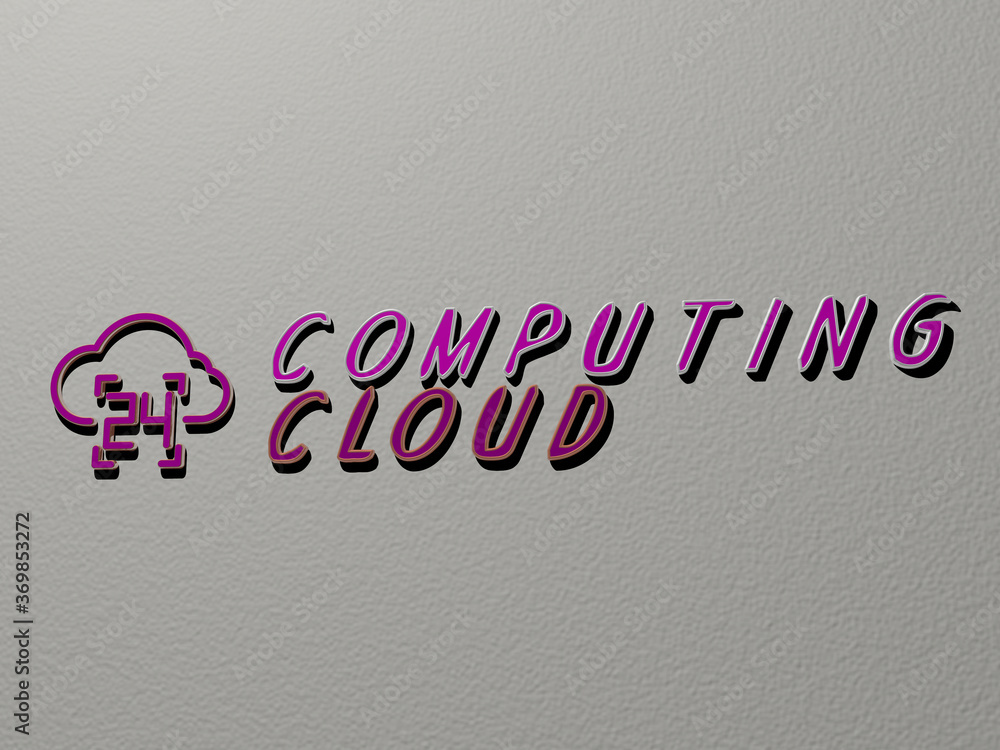 Poster 3d illustration of computing cloud graphics and text made by metallic dice letters for the related m