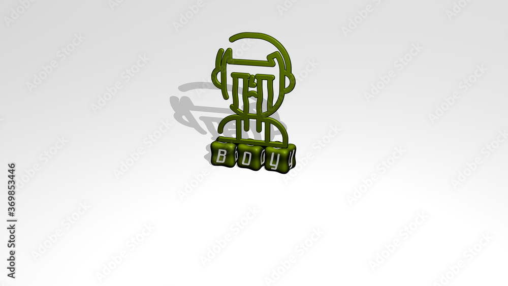 Poster 3d graphical image of boy vertically along with text built by metallic cubic letters from the top pe