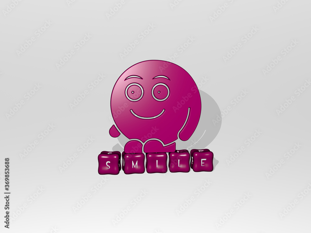 Poster 3d illustration of smile graphics and text made by metallic dice letters for the related meanings of