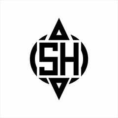 SH Logo with circle rounded combine triangle top and bottom side design template on white background